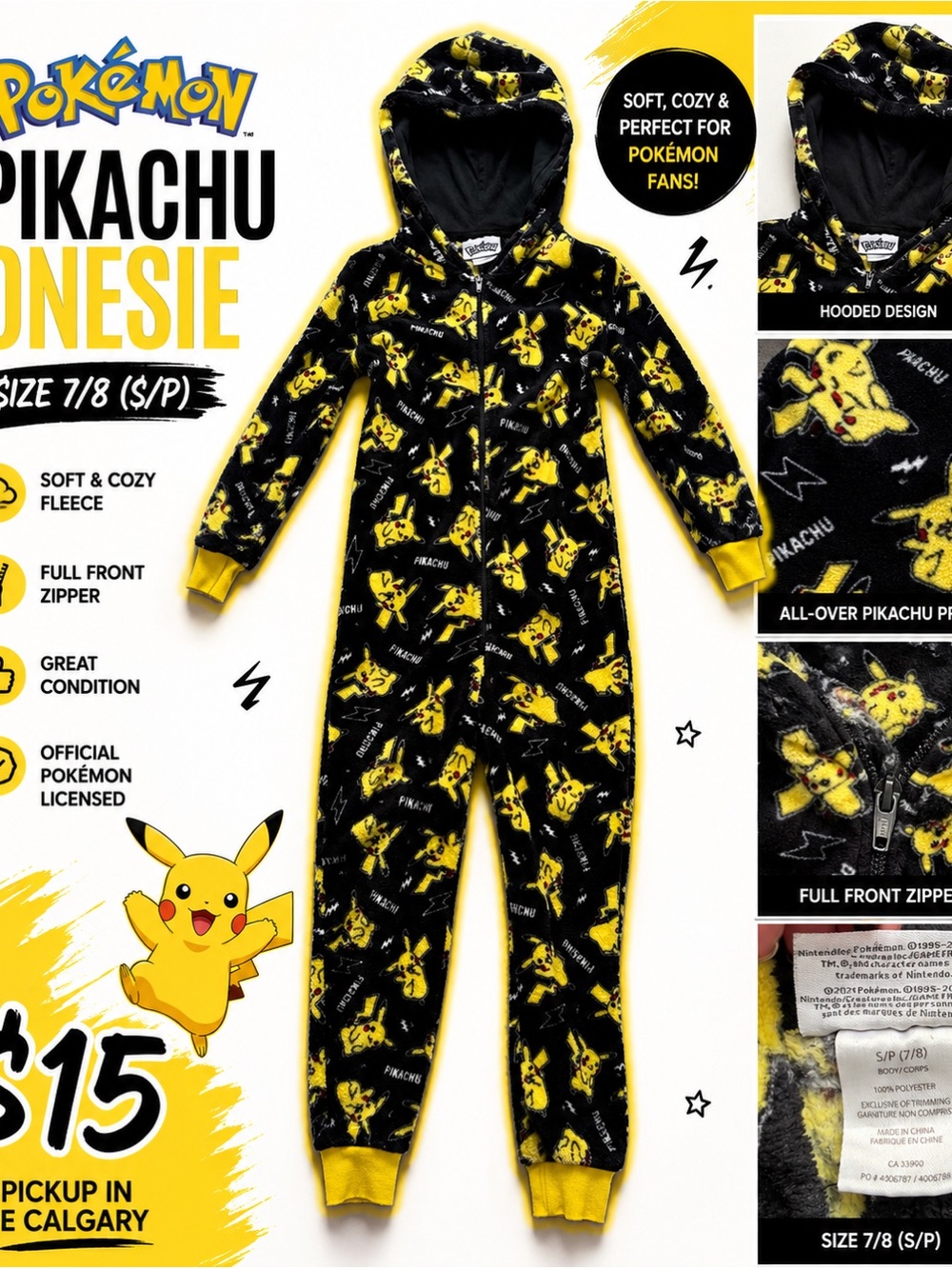 Pikachu Kids Fleece Onesie - Black & Yellow Hooded Jumpsuit